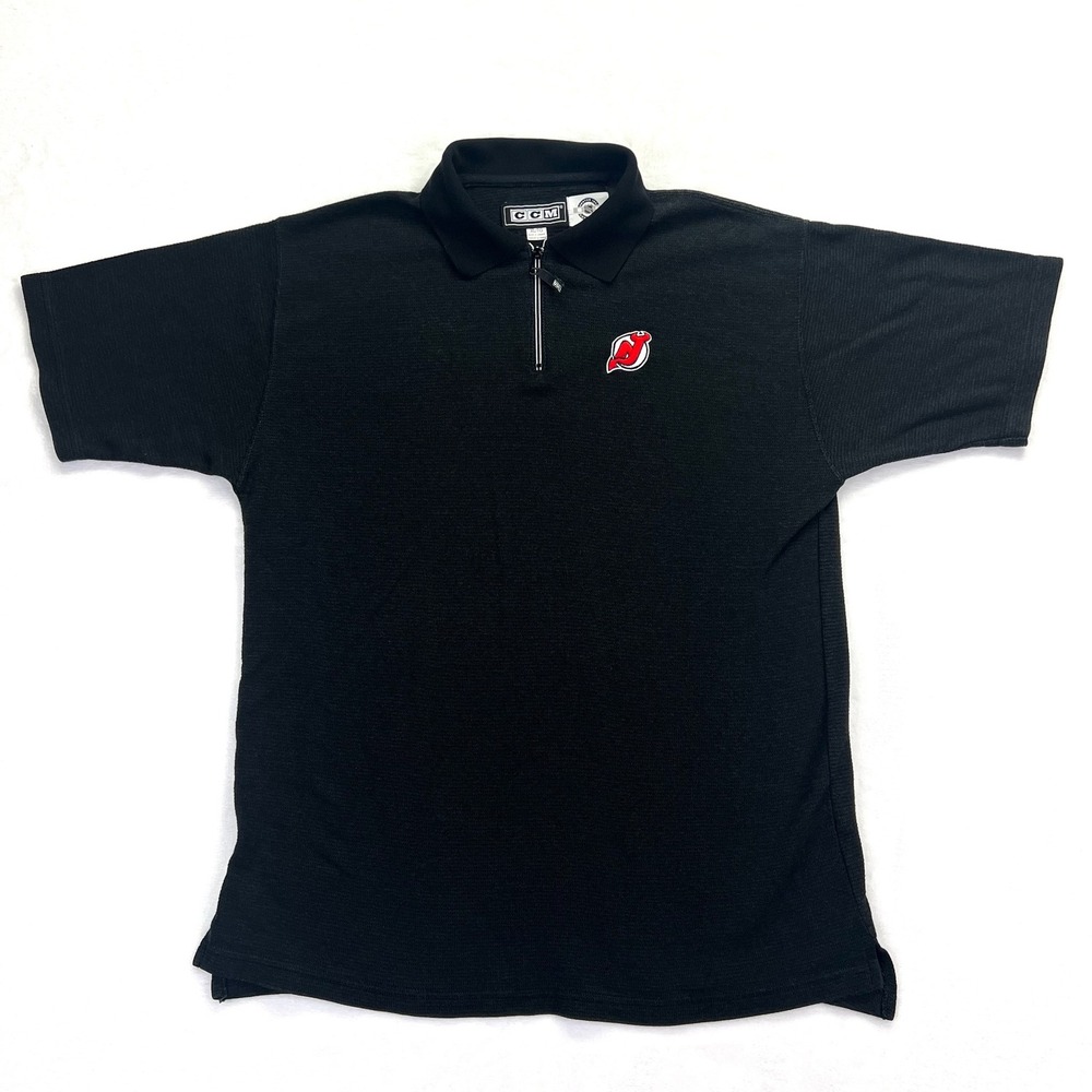 CCM New Jersey Devils NHL Quarter Zip Polo Shirt Black Mens XL Made‎ in Canada